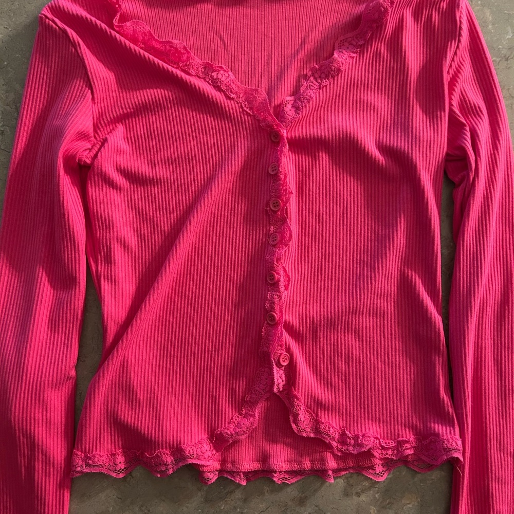 Pink Ribbed Button-Up Cardigan